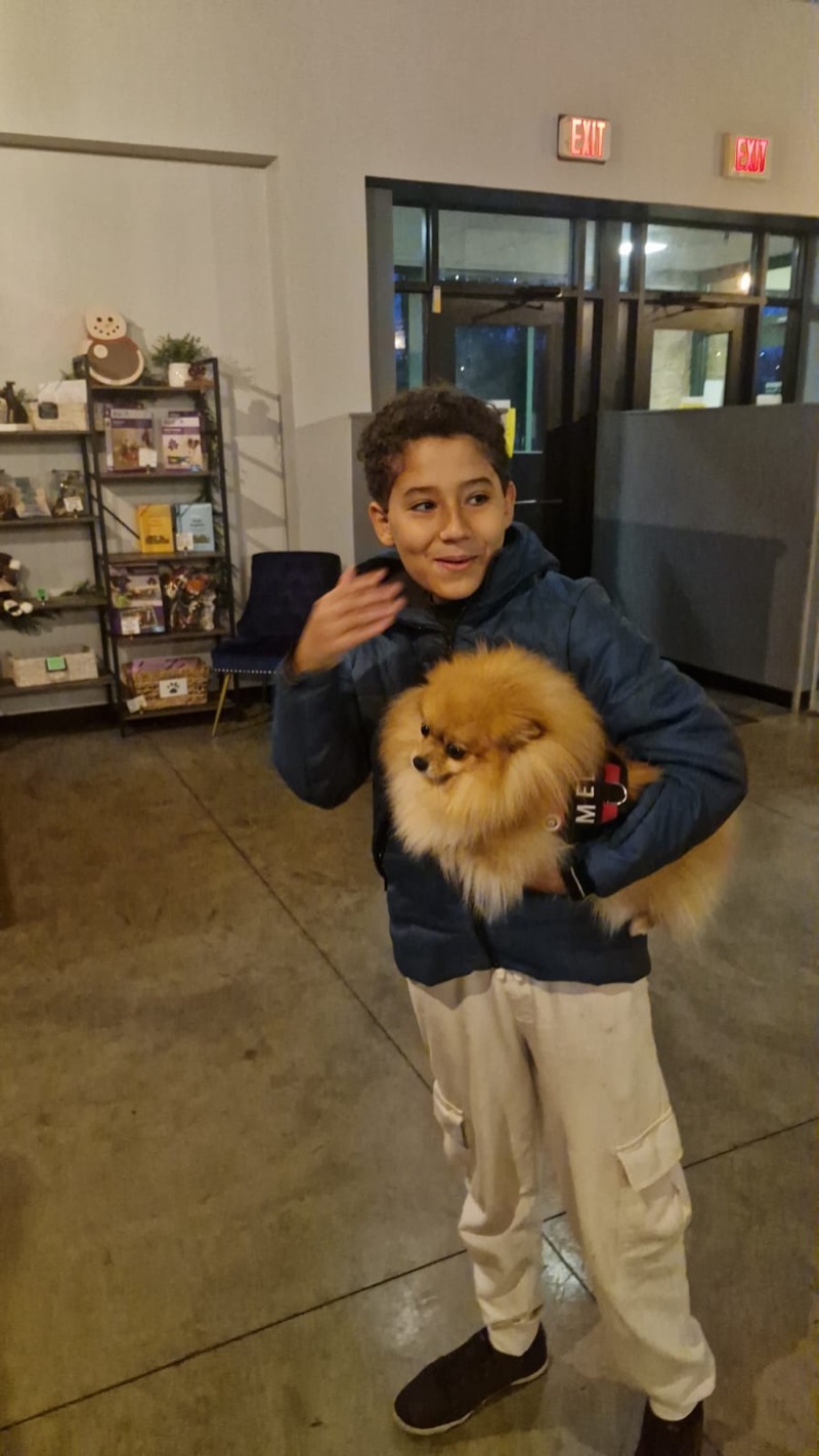 Menino com Pomeranian service dog nos Estados Unidos