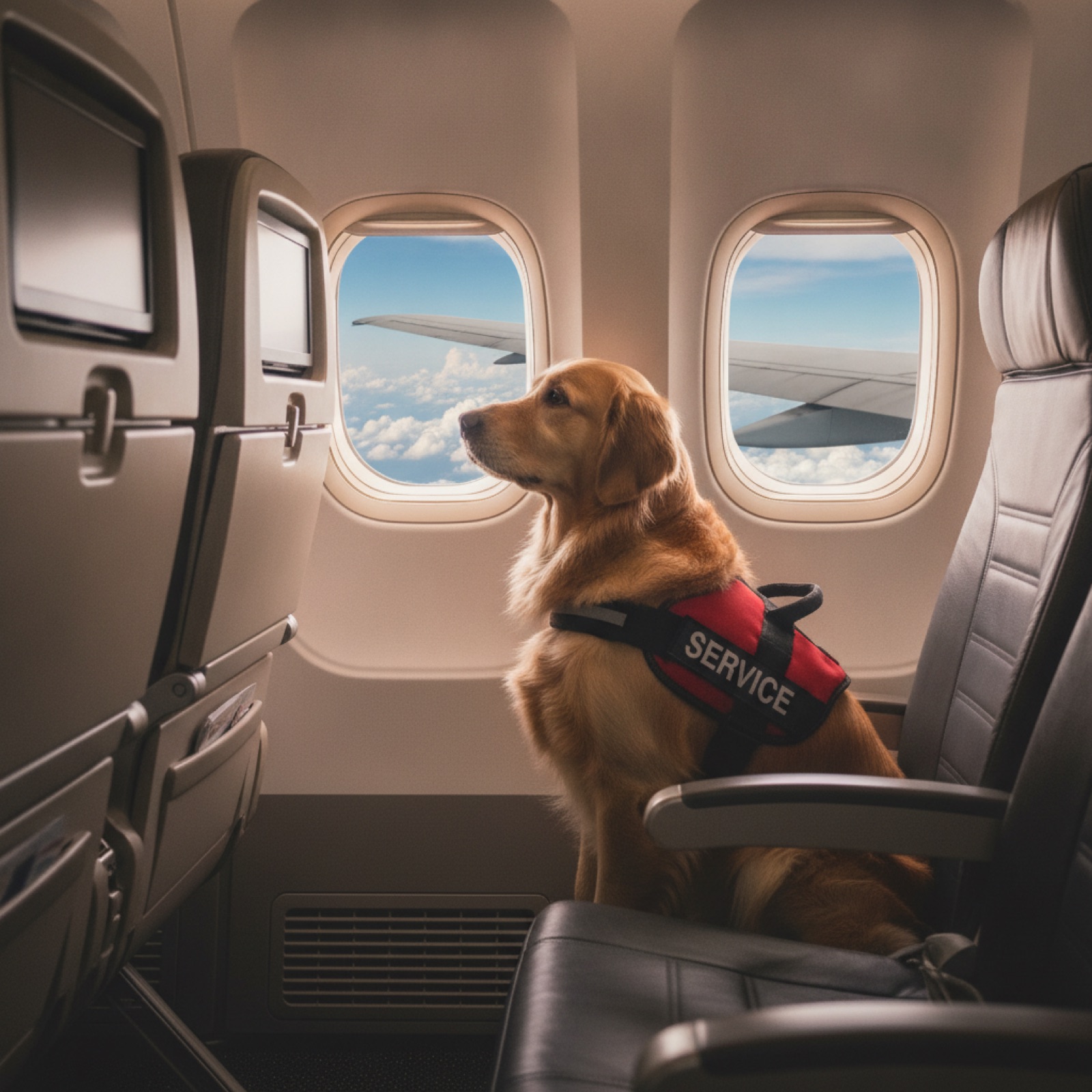 Golden retriever com colete de Service Dog sentado na cabine do aviao, janela com asa e nuvens ao fundo